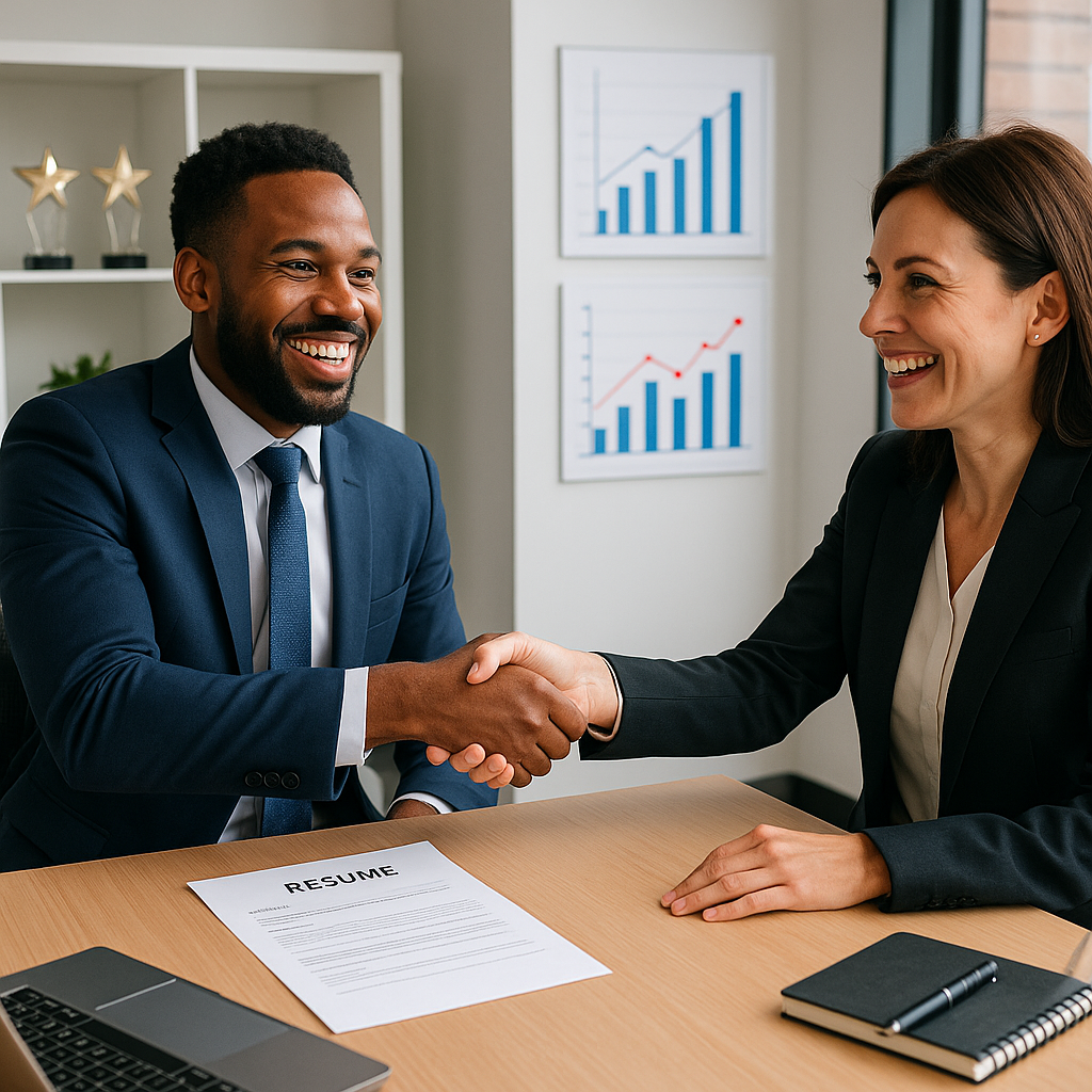 Professional handshake between a sales candidate and recruiter in a modern office setting with performance charts and awards in the background