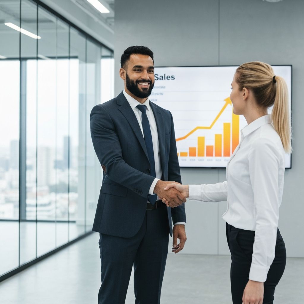 Two smiling professionals shaking hands with an upward trending sales chart in the background