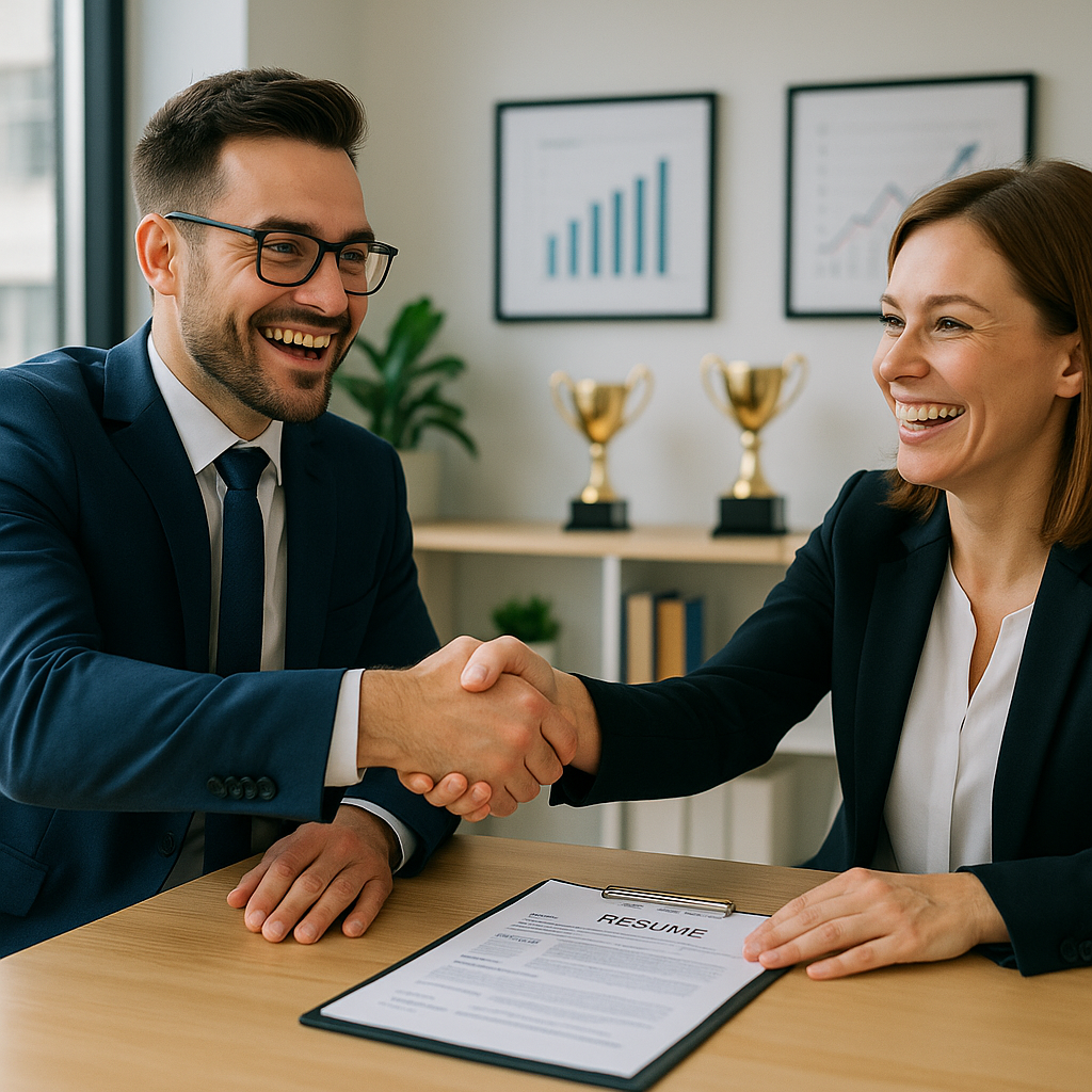 Professional business meeting with handshake over resume, representing successful talent verification and hiring partnerships