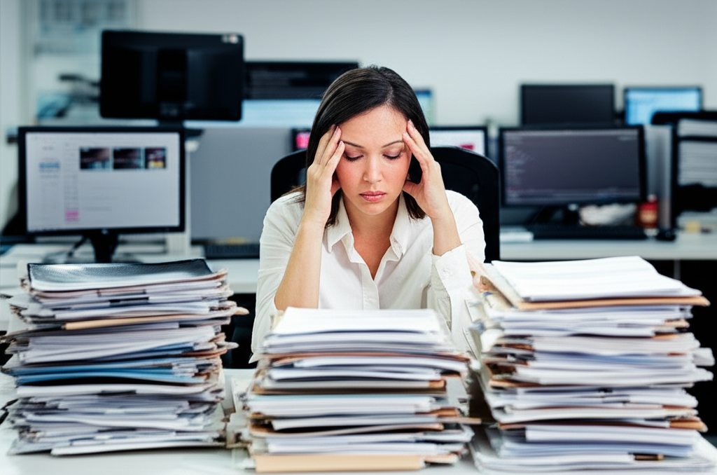 Stressed recruiter at desk reviewing multiple candidate resumes and documents, illustrating the overwhelming nature of traditional hiring processes